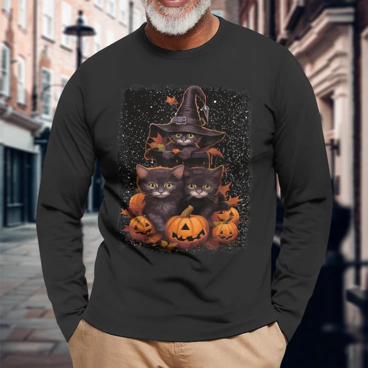 Cute Kittens And Spooky Pumpkins Halloween Witches Black Cat Long Sleeve T-Shirt Gifts for Old Men