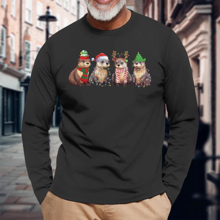 Cute Otter Christmas Pajama Xmas Lights Animals Lover Long Sleeve T-Shirt Gifts for Old Men