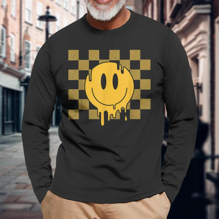 Cute Retro Happy Face Checkered Pattern Yellow Melting Face Long Sleeve T-Shirt Gifts for Old Men