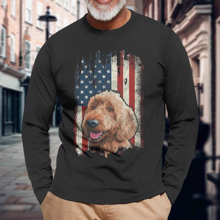 Distressed Goldendoodle American Flag Patriotic Dog Long Sleeve T-Shirt Gifts for Old Men