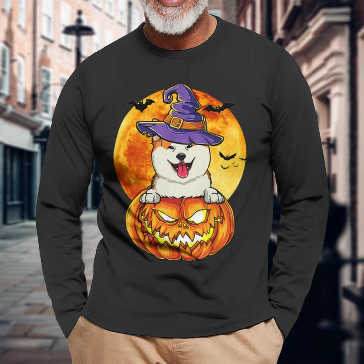 Dog Akita Witch Pumpkin Halloween Dog Lover Long Sleeve T-Shirt Gifts for Old Men