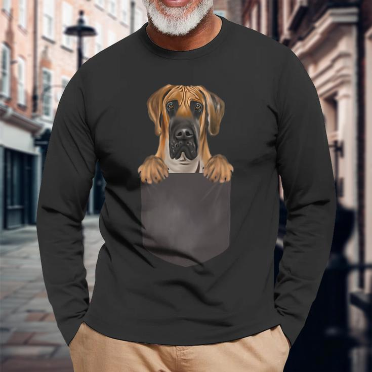 Dog In Pocket Dog Lover Brown Great Dane Long Sleeve T-Shirt Gifts for Old Men
