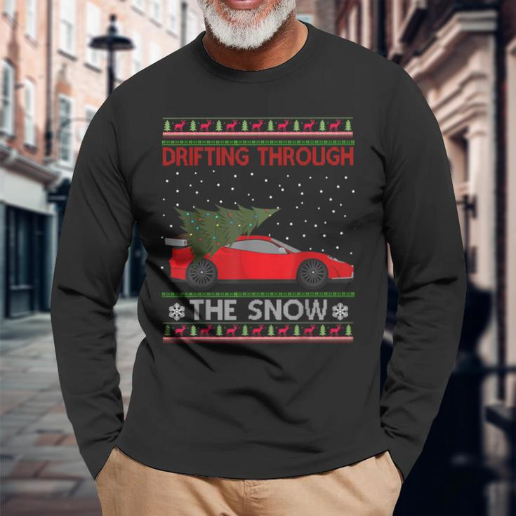 Drifting Through The Snow Ugly Christmas Sweater Tree Car Long Sleeve T-Shirt Gifts for Old Men