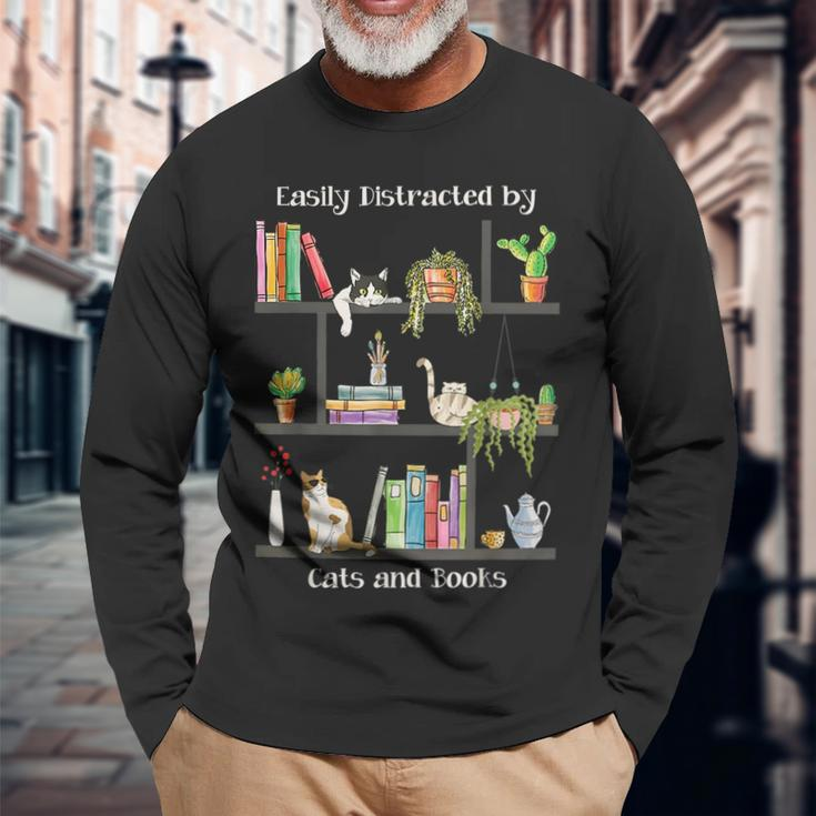 Easily Distracted By Cats And Books Cat Book Lovers Bookworm Long Sleeve T-Shirt T-Shirt Gifts for Old Men