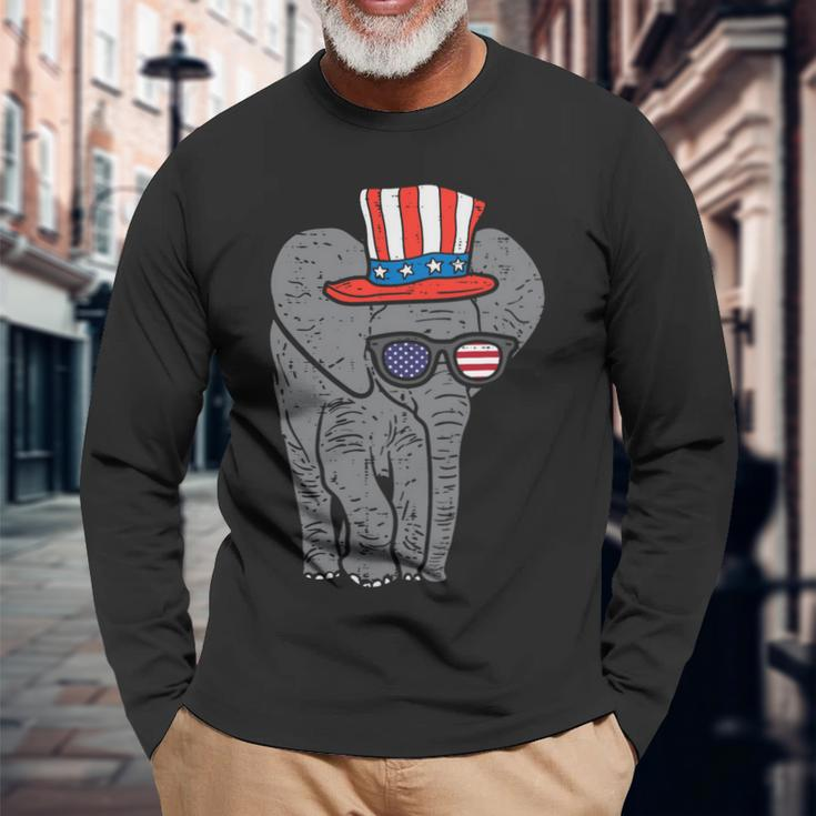 Elephant American Flag Usa 4Th Of July Fourth Patriot Animal Long Sleeve T-Shirt Gifts for Old Men