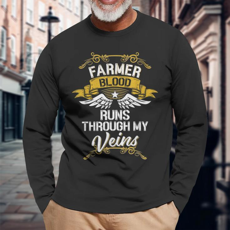 Farmer Blood Runs Through My Veins Long Sleeve T-Shirt Gifts for Old Men