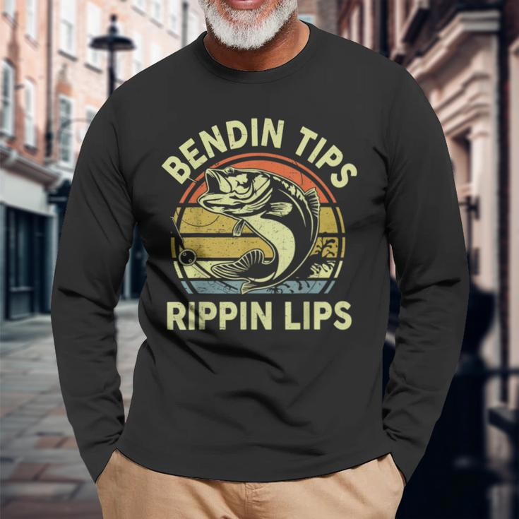 Fathers Day Dad Bendin Tips Rippin Lips Papa Fishing Long Sleeve T-Shirt Gifts for Old Men