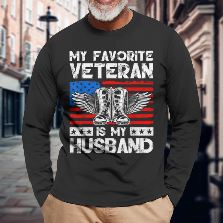 My Favorite Veteran Is My Husband American Us Flag Long Sleeve T-Shirt Gifts for Old Men
