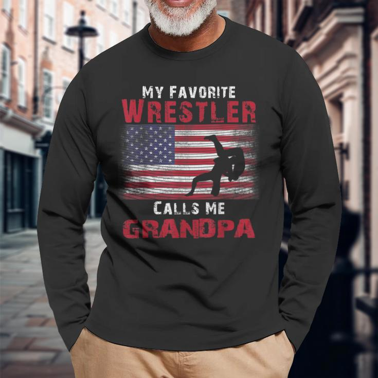 My Favorite Wrestler Calls Me Grandpa Fathers Day Usa Flag Long Sleeve T-Shirt T-Shirt Gifts for Old Men