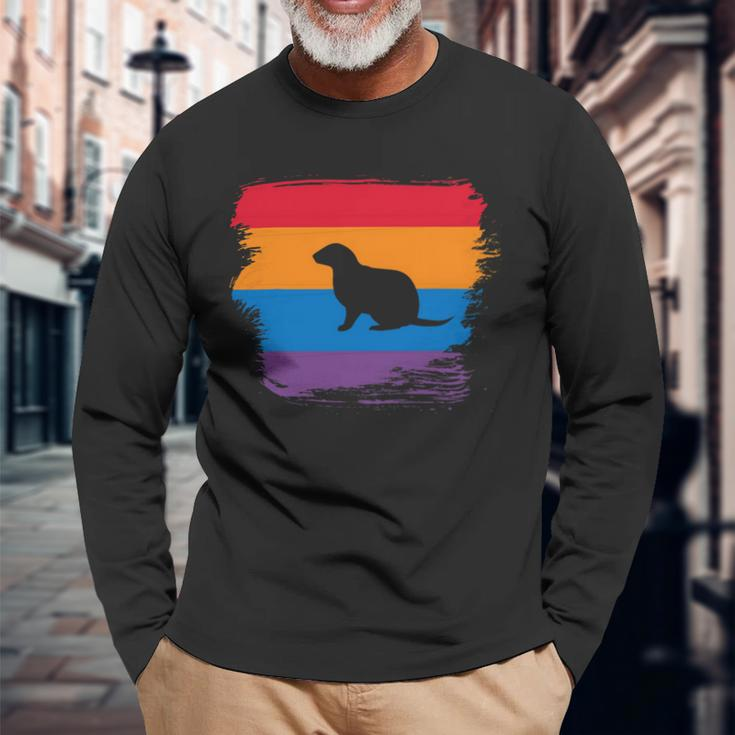 Ferret Shadow Silhouette With Colorful Flag Long Sleeve T-Shirt Gifts for Old Men