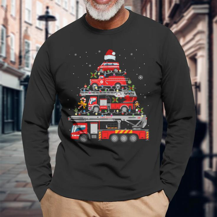 Firefighter Fire Truck Christmas Tree Lights Santa Fireman Long Sleeve T-Shirt Gifts for Old Men