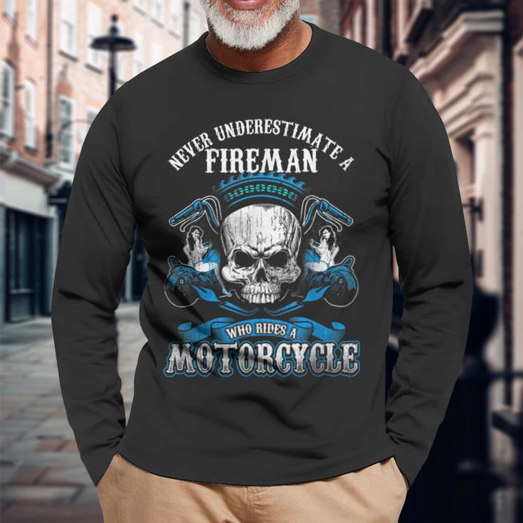 Fireman Biker Never Underestimate Motorcycle Skull Long Sleeve T-Shirt Gifts for Old Men