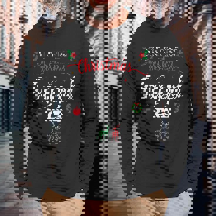 Our First Christmas Engaged 2023 Pajamas Couples Matching Long Sleeve T-Shirt Gifts for Old Men
