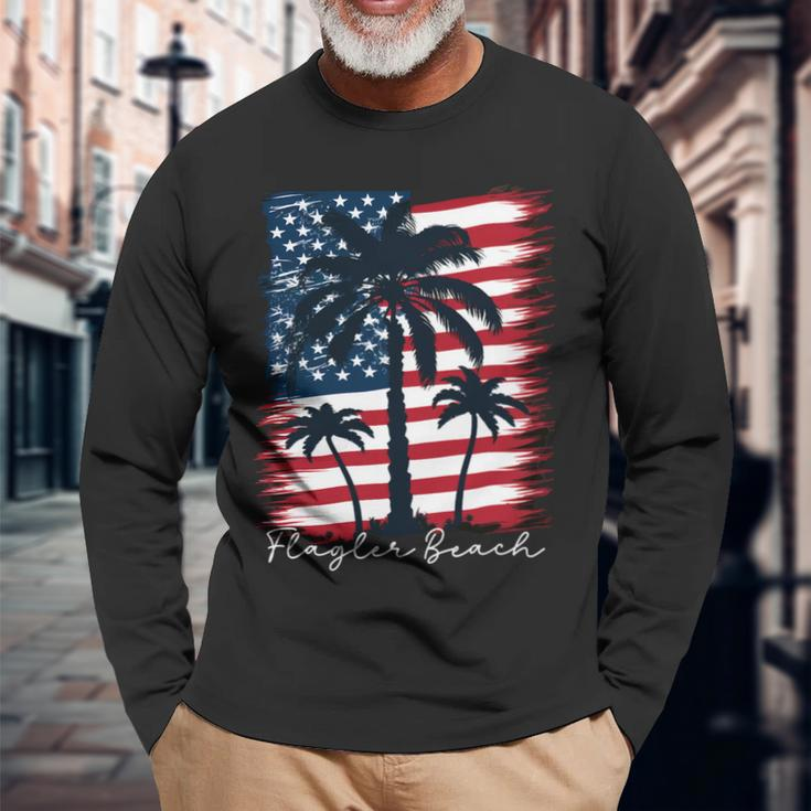 Flagler Beach Patriotic American Flag Palm Trees Long Sleeve T-Shirt Gifts for Old Men