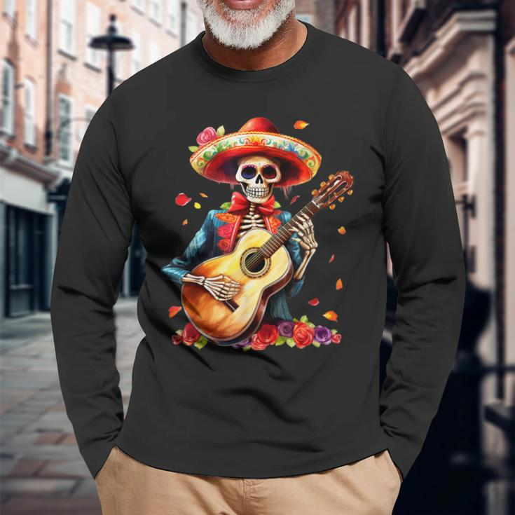 Floral Guitar Dia De Los Muertos Cute Mariachi Day Of Dead Long Sleeve T-Shirt Gifts for Old Men