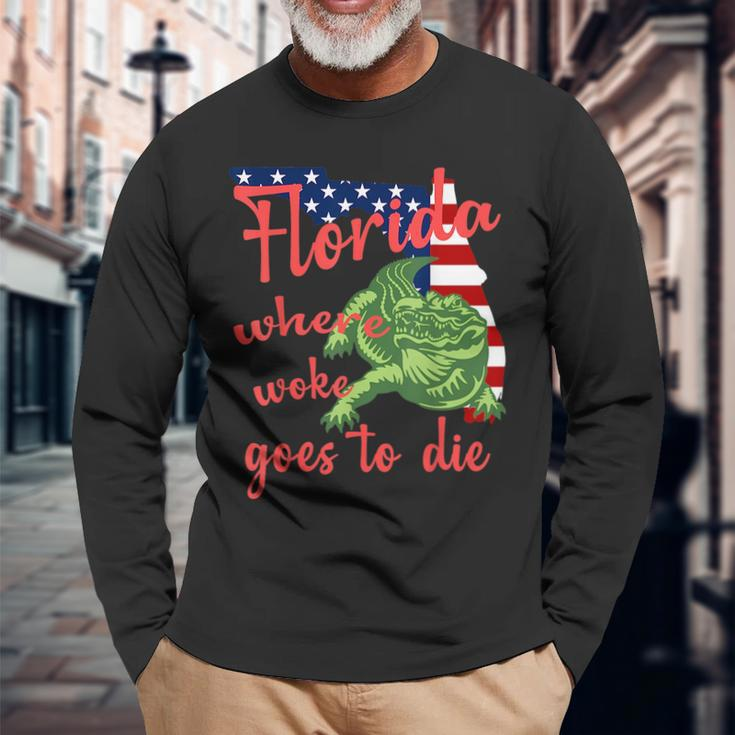 Florida Where Woke Goes To Die American Flag And Alligator Long Sleeve T-Shirt Gifts for Old Men