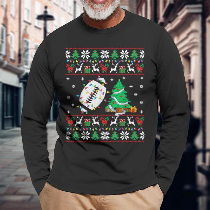 Football Ugly Christmas Sweater Football Player Xmas Lights Long Sleeve T-Shirt Gifts for Old Men