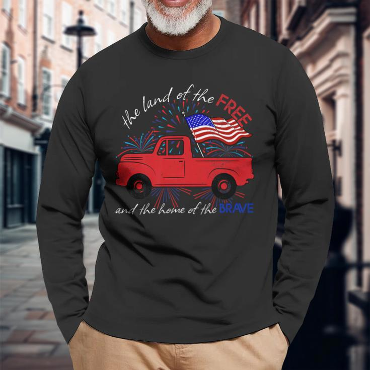Fourth Of July Patriotic Classic Pickup Truck American Flag Long Sleeve T-Shirt T-Shirt Gifts for Old Men