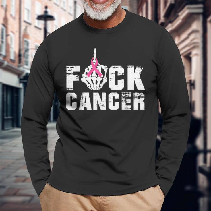 Fuck Cancer Skeleton Middle Breast Cancer Warrior Octocber Long Sleeve T-Shirt Gifts for Old Men