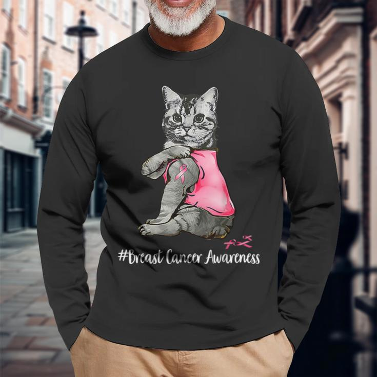 Cat Pink Ribbon In October We Wear Pink Breast Cancer Long Sleeve Gifts for Old Men