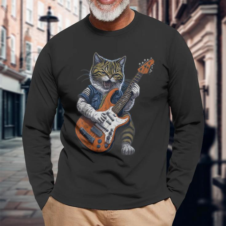 Cat Playing A Guitar Cats Lover Long Sleeve T-Shirt Gifts for Old Men