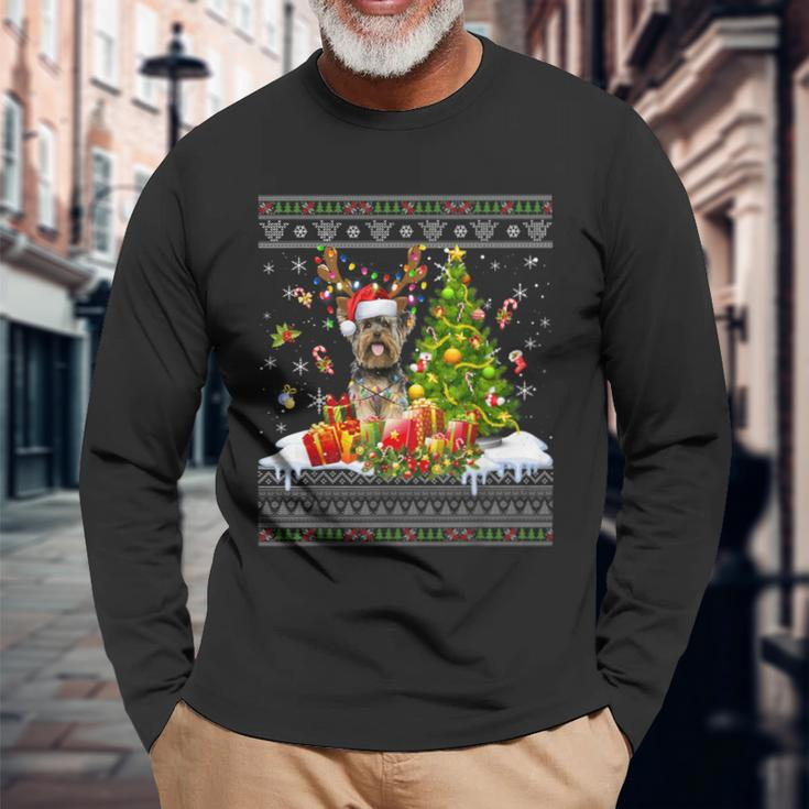 Christmas Lights Yorkie Dog Xmas Ugly Sweater Long Sleeve T-Shirt Gifts for Old Men