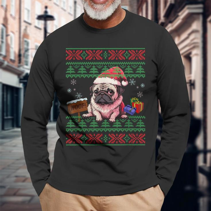 Dog Lovers Cute Pug Santa Hat Ugly Christmas Sweater Long Sleeve T-Shirt Gifts for Old Men