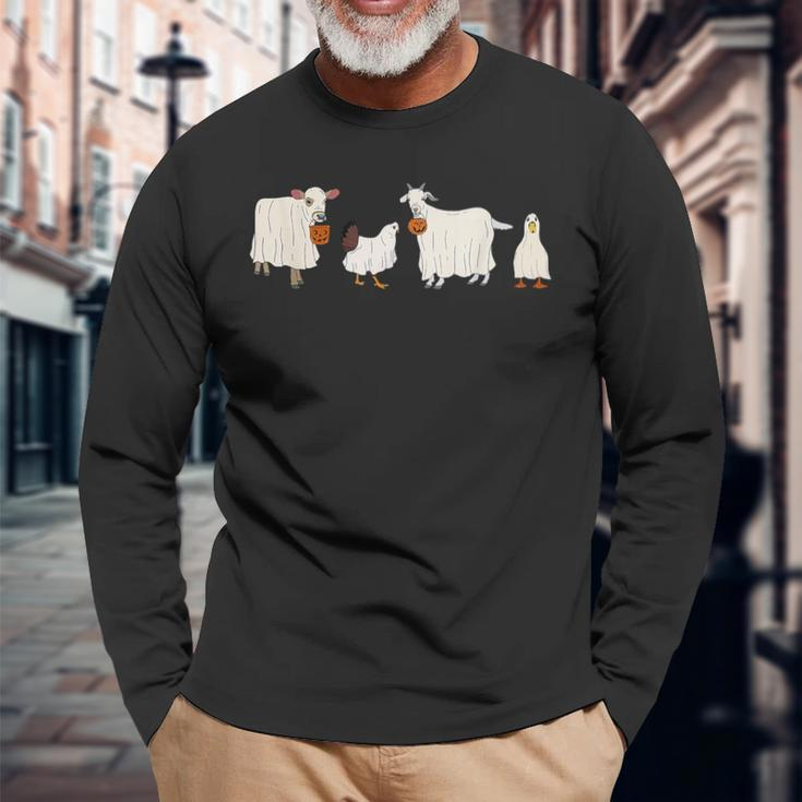 Ghost Cow Halloween Farm Animals Pumpkin Spooky Season Long Sleeve T-Shirt Gifts for Old Men