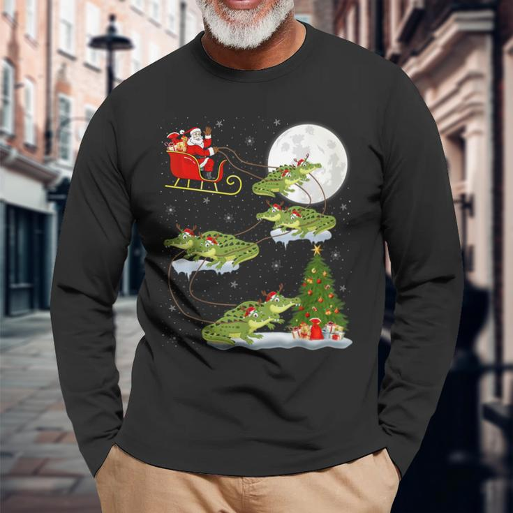 Xmas Lighting Tree Santa Riding Alligator Christmas Long Sleeve T-Shirt Gifts for Old Men