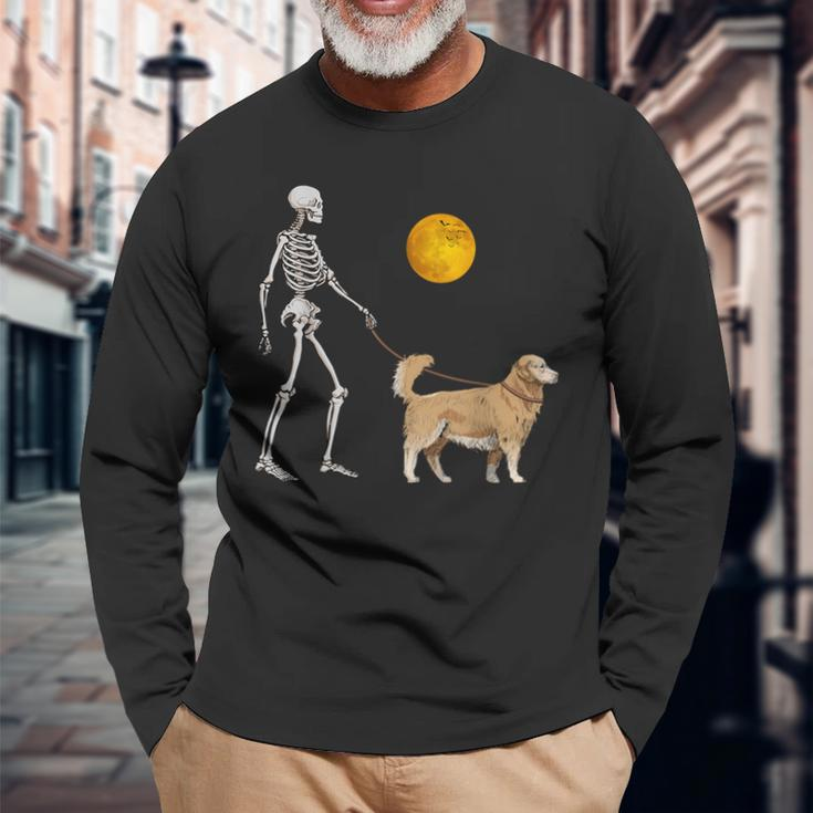 Golden Retriever Skeleton Dog Walking Halloween Costume Long Sleeve T-Shirt Gifts for Old Men