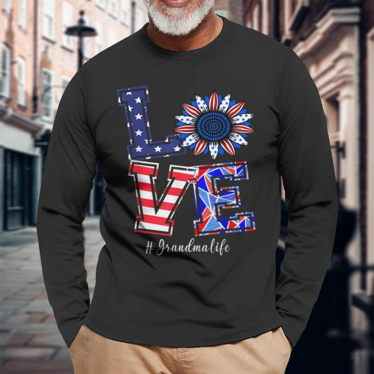 Grandma Life 4Th Of July Love Sunflower American Flag Long Sleeve T-Shirt Gifts for Old Men