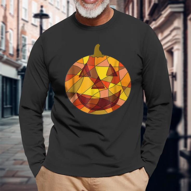 Halloween Costume Patchwork Pumpkin Stained Glass Halloween Costume Long Sleeve T-Shirt Gifts for Old Men