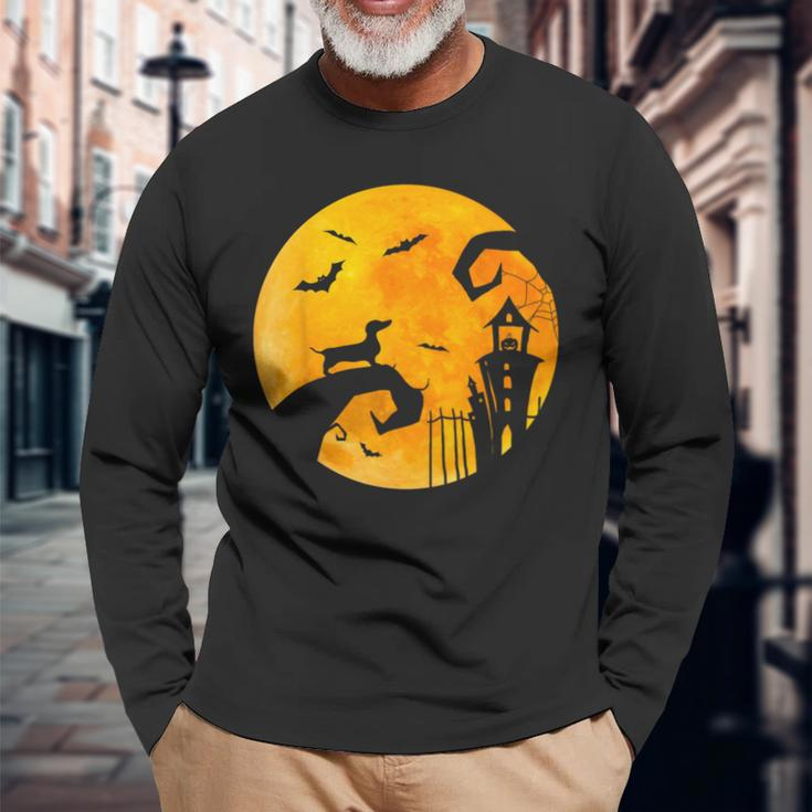 Halloween Dachshund Under The Moon Wiener Dog Halloween Long Sleeve T-Shirt Gifts for Old Men