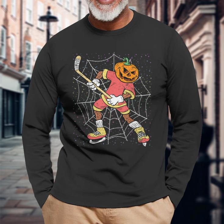 Halloween Pumpkin Scary Ice Hockey Sport Costume Skater Long Sleeve T-Shirt Gifts for Old Men