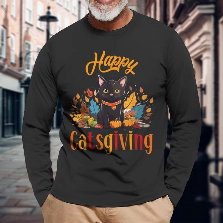 Happy Catsgiving Cute Black Cat Kitten Lover Thanksgiving Long Sleeve T-Shirt Gifts for Old Men