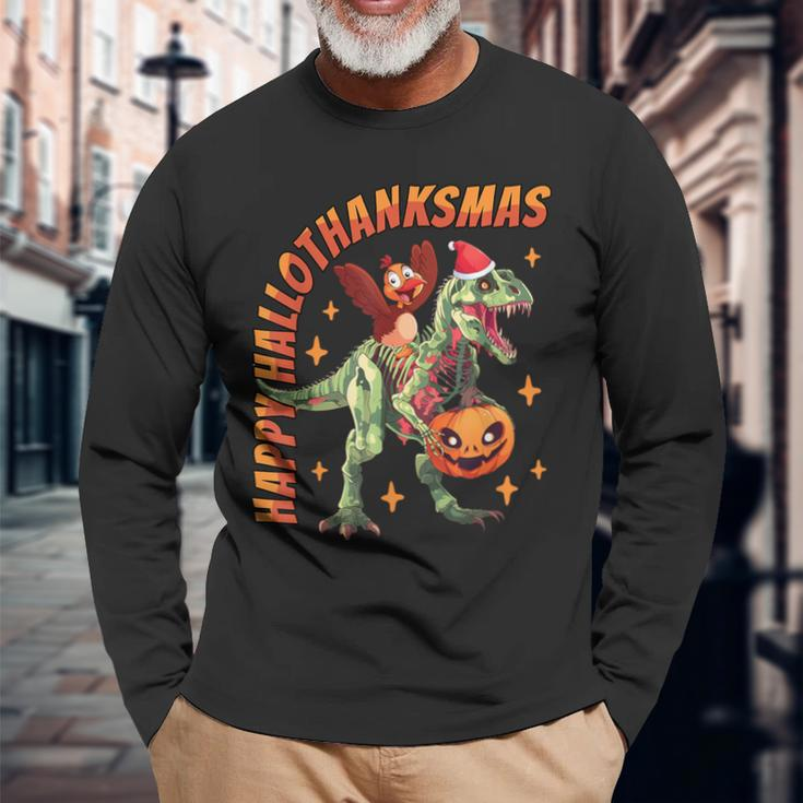 Happy Hallothanksmas T-Rex Halloween Thanksgiving Christmas Long Sleeve T-Shirt Gifts for Old Men