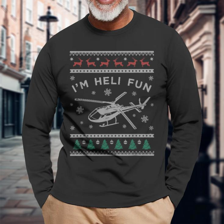 Helicopter Ugly Christmas Sweater Heli Pilot Long Sleeve T-Shirt Gifts for Old Men