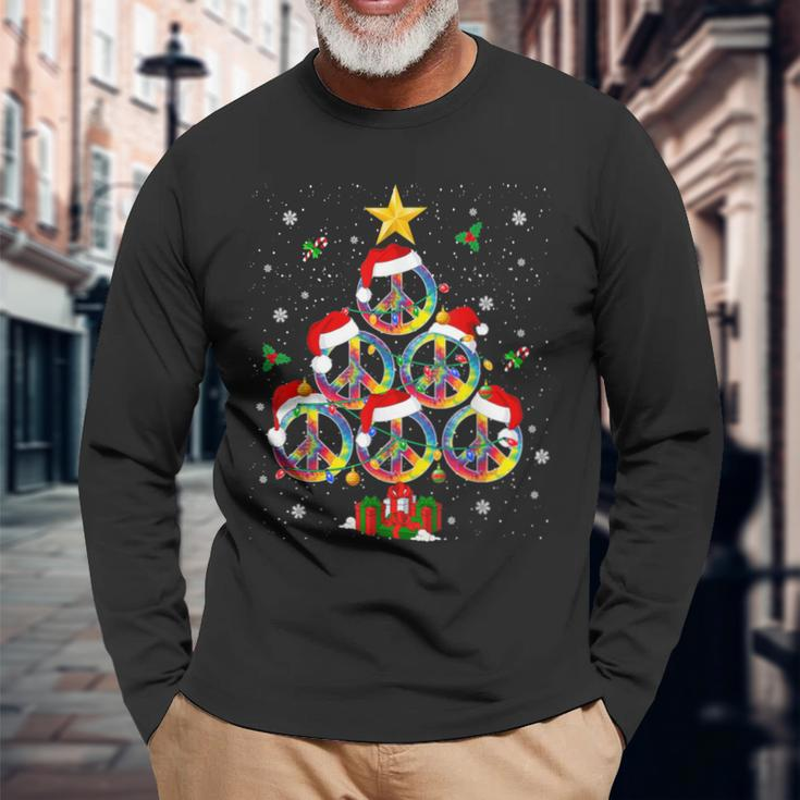 Hippies Christmas Peace Sign Tie Dye Xmas Tree Lights Long Sleeve T-Shirt Gifts for Old Men