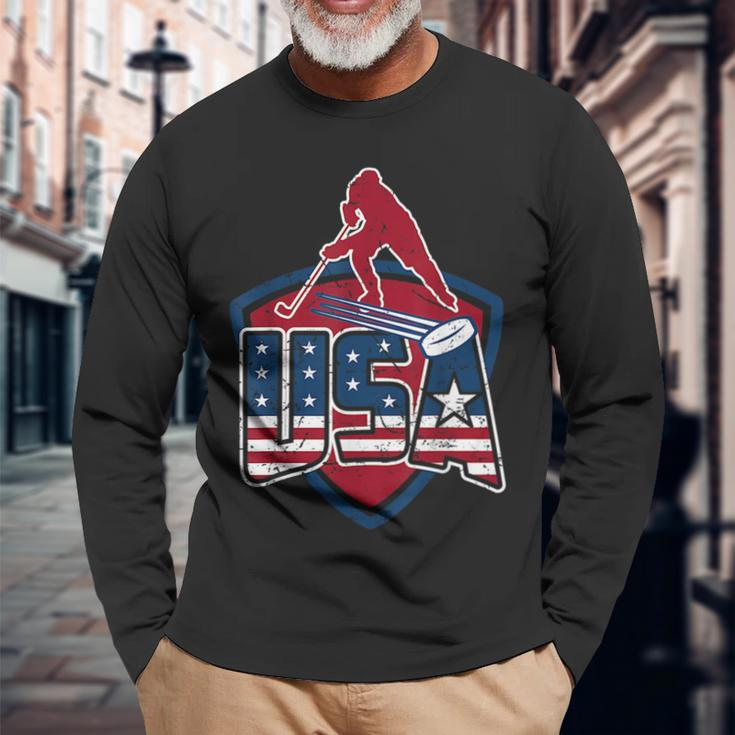 Hockey Usa 2018 Winter Games Red White And Blue Long Sleeve T-Shirt T-Shirt Gifts for Old Men