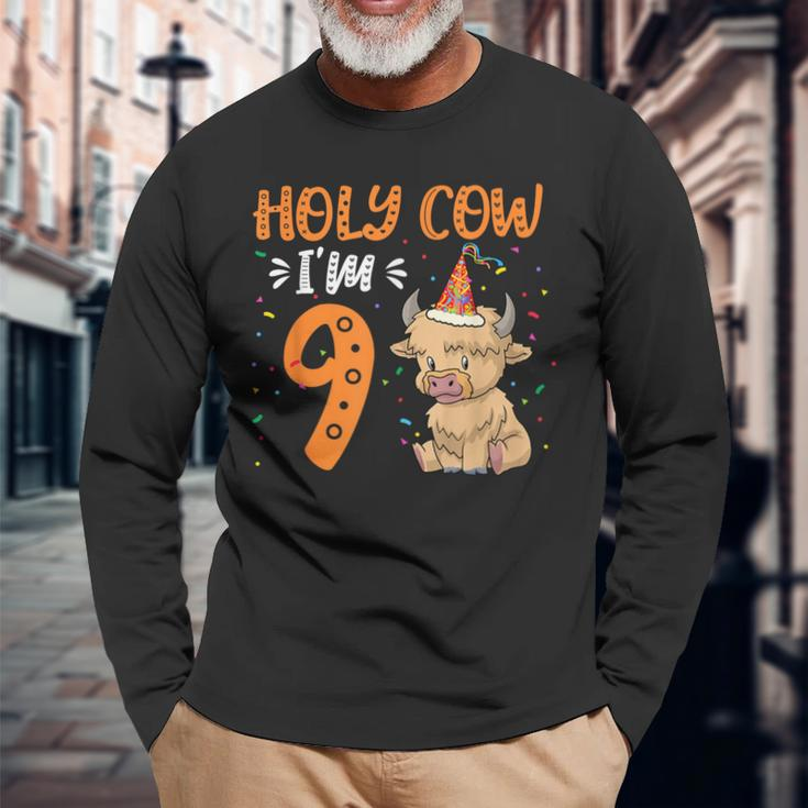 Holy Cow Im 9 Scottish Highland Cow Print 9Th Birthday Girl Long Sleeve T-Shirt Gifts for Old Men