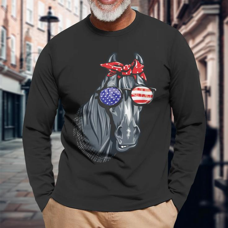 Horse 4Th Of July Horse Graphic American Flag Long Sleeve T-Shirt Gifts for Old Men