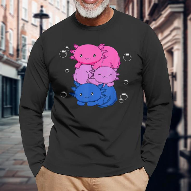 Kawaii Axolotl Pile Bisexual Pride Flag Bi Lgbtq Long Sleeve T-Shirt Gifts for Old Men
