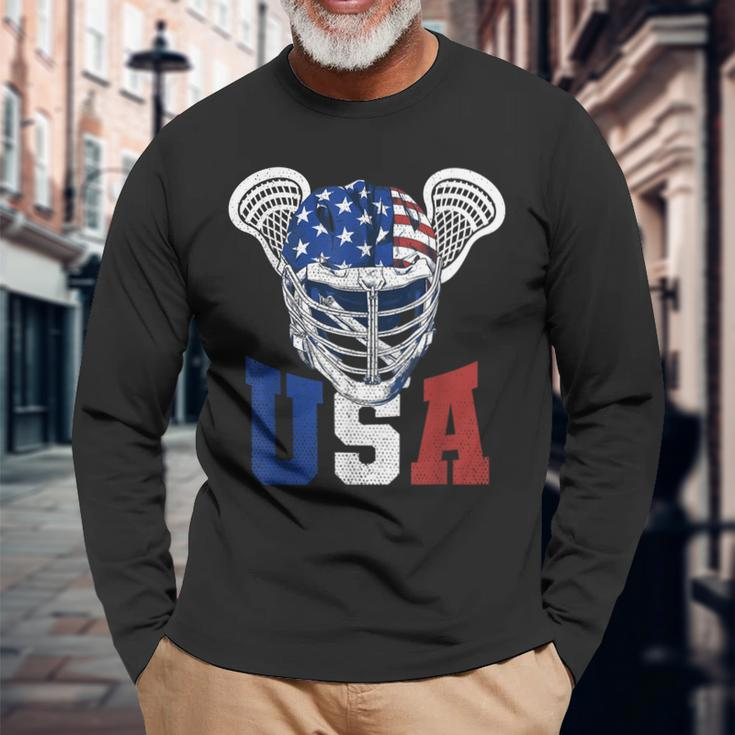 Lacrosse American Flag Lax Helmet 4Th Of July Usa Patriotic Long Sleeve T-Shirt T-Shirt Gifts for Old Men