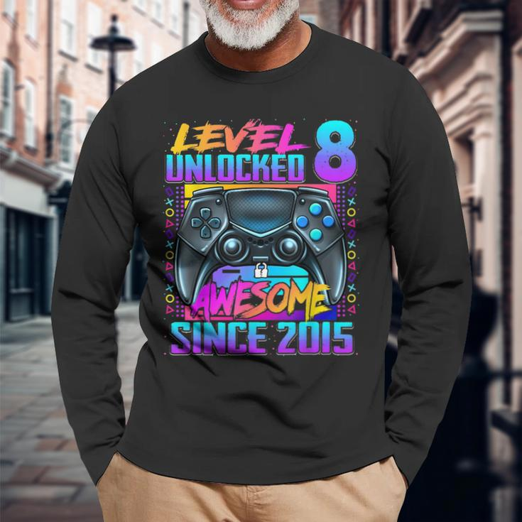 Level 8 Unlocked Awesome Since 2015 8Th Birthday Gaming Long Sleeve T-Shirt T-Shirt Gifts for Old Men