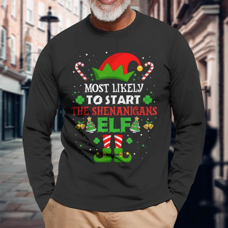 Most Likely To Start The Shenanigans Elf Christmas Family Long Sleeve T-Shirt Gifts for Old Men