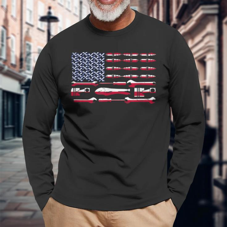 Mechanic Engineer Car Motorcycle Plane Us Flag Patriotic Long Sleeve T-Shirt Gifts for Old Men