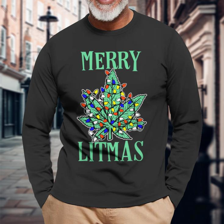 Merry Litmas Pot Leaf Christmas Tree Lights Marijuana Long Sleeve T-Shirt Gifts for Old Men