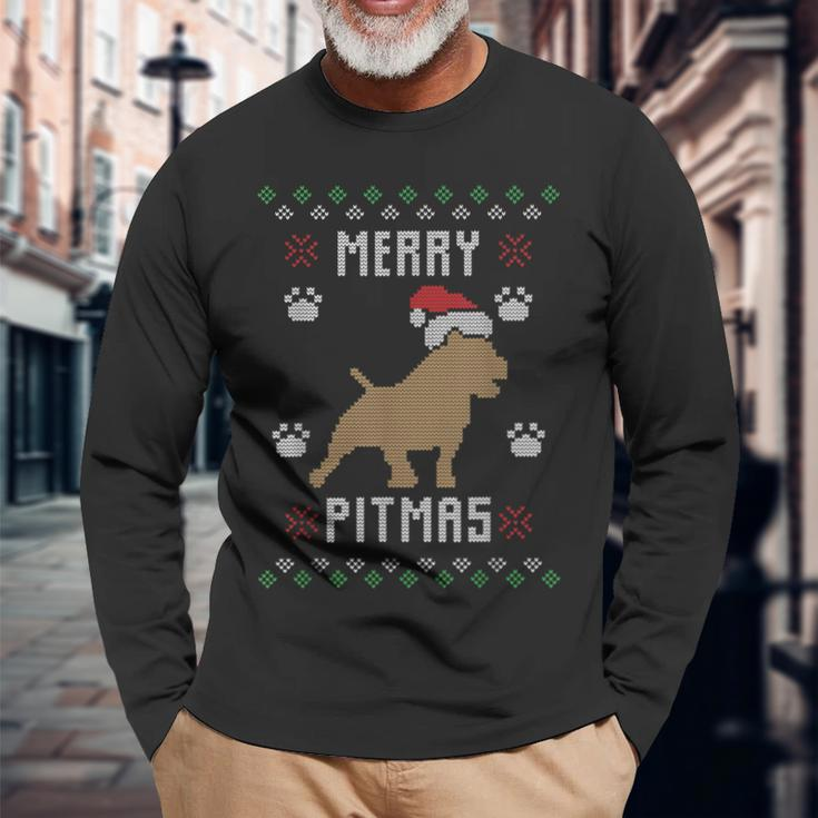 Merry Pitmas Ugly Christmas Sweater Pit Bull Lovers Long Sleeve T-Shirt Gifts for Old Men