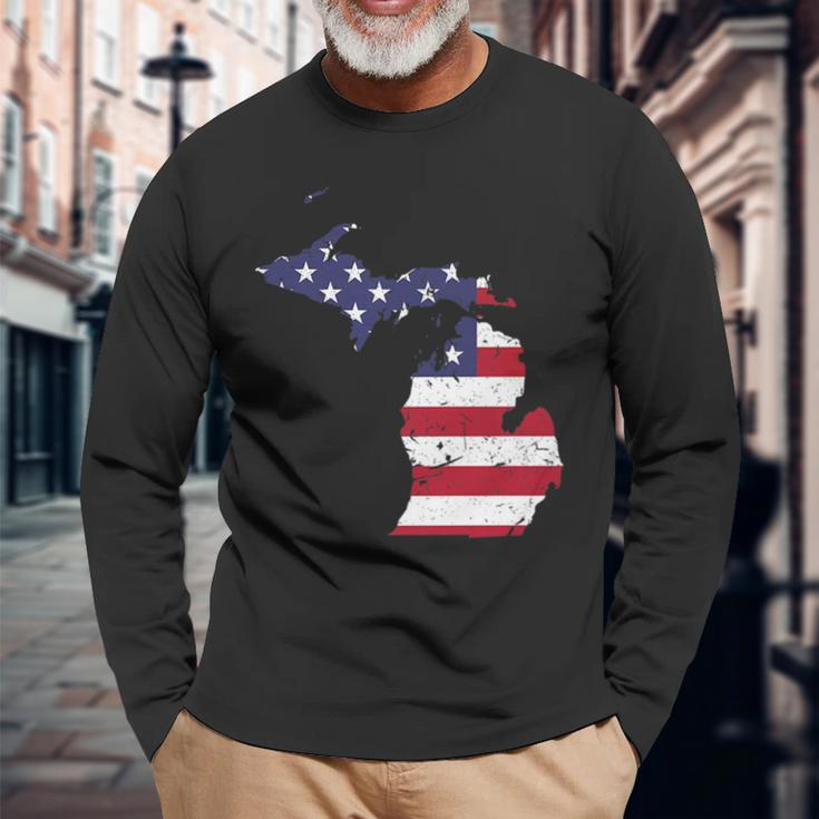 Michigan Map State American Flag 4Th Of July Pride Long Sleeve T-Shirt T-Shirt Gifts for Old Men