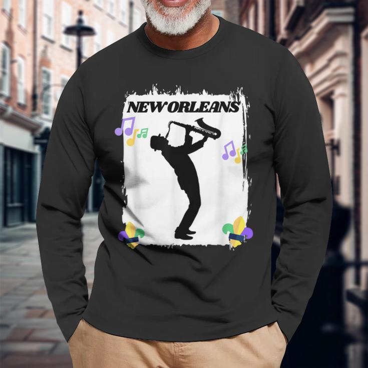 New Orleans Louisiana Skyline Music Jazz Travel Holidays Long Sleeve T-Shirt Gifts for Old Men